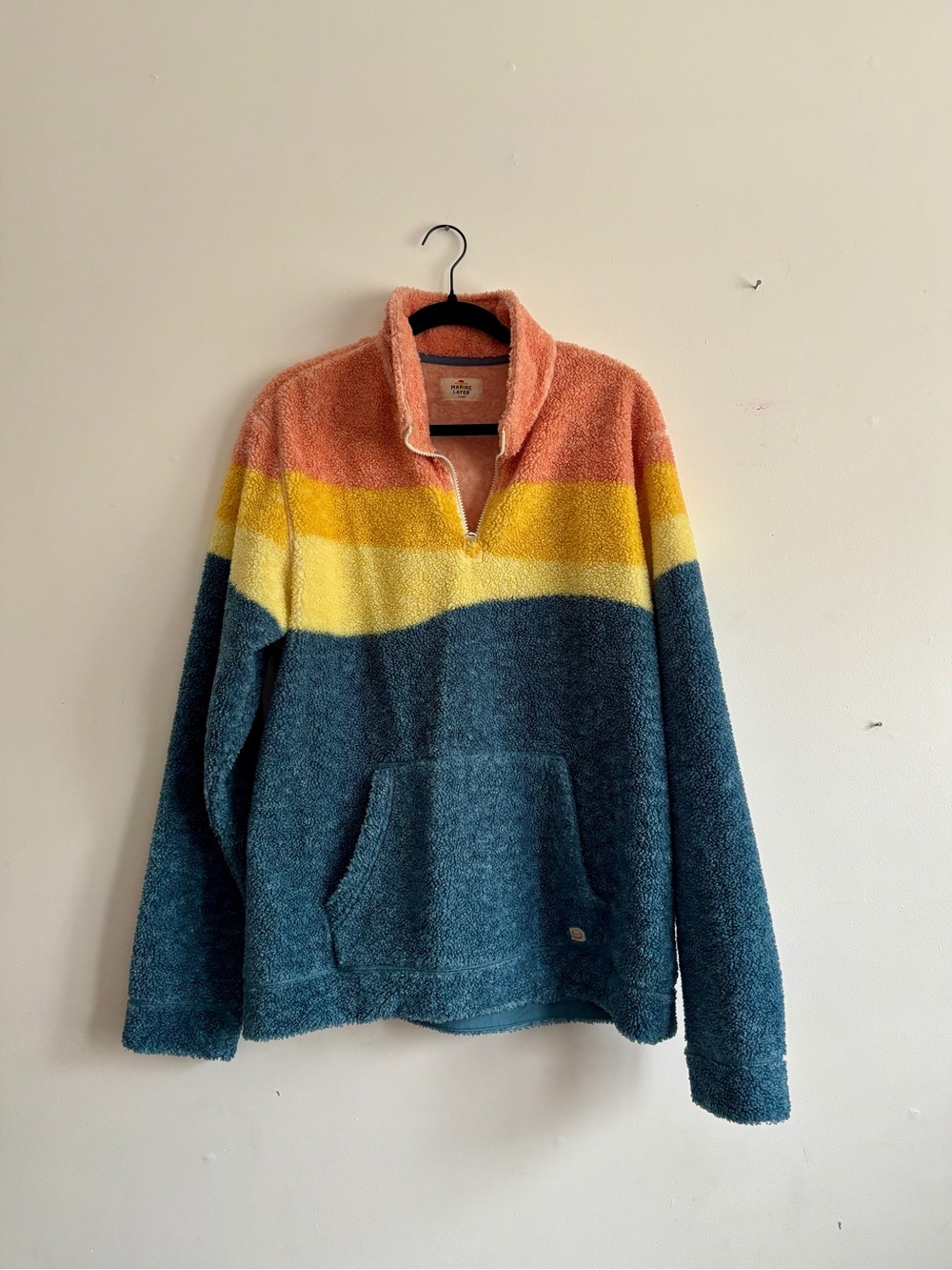 Marine Layer Striped Sherpa Quarter-Zip Pullover in Coral, Yellow & Teal-L